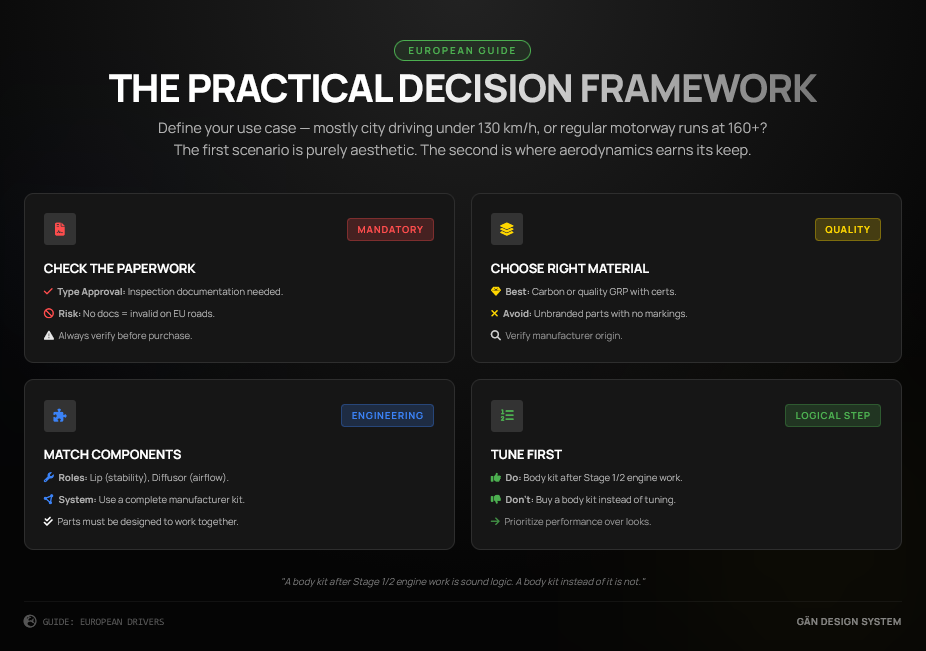 Practical checklist: verify type-approval paperwork, choose matched quality materials, and tune the engine before buying looks